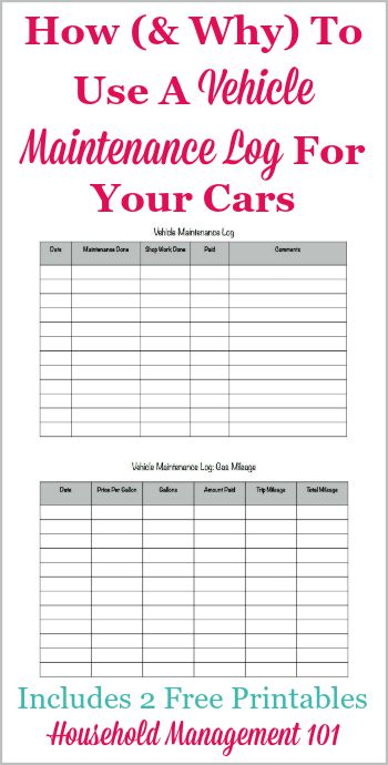 How and why to use a vehicle maintenance log for your cars, including 2 free printables, one for maintenance and one for gas mileage {on Household Management 101} #VehicleMaintenanceLog #CarMaintenanceLog #AutoMaintenanceLog