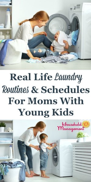 Real life laundry routines and schedules shared by moms with young kids, to give ideas for what might work for you and your family {on Household Management 101} #LaundryRoutine #LaundrySchedule #LaundryTips